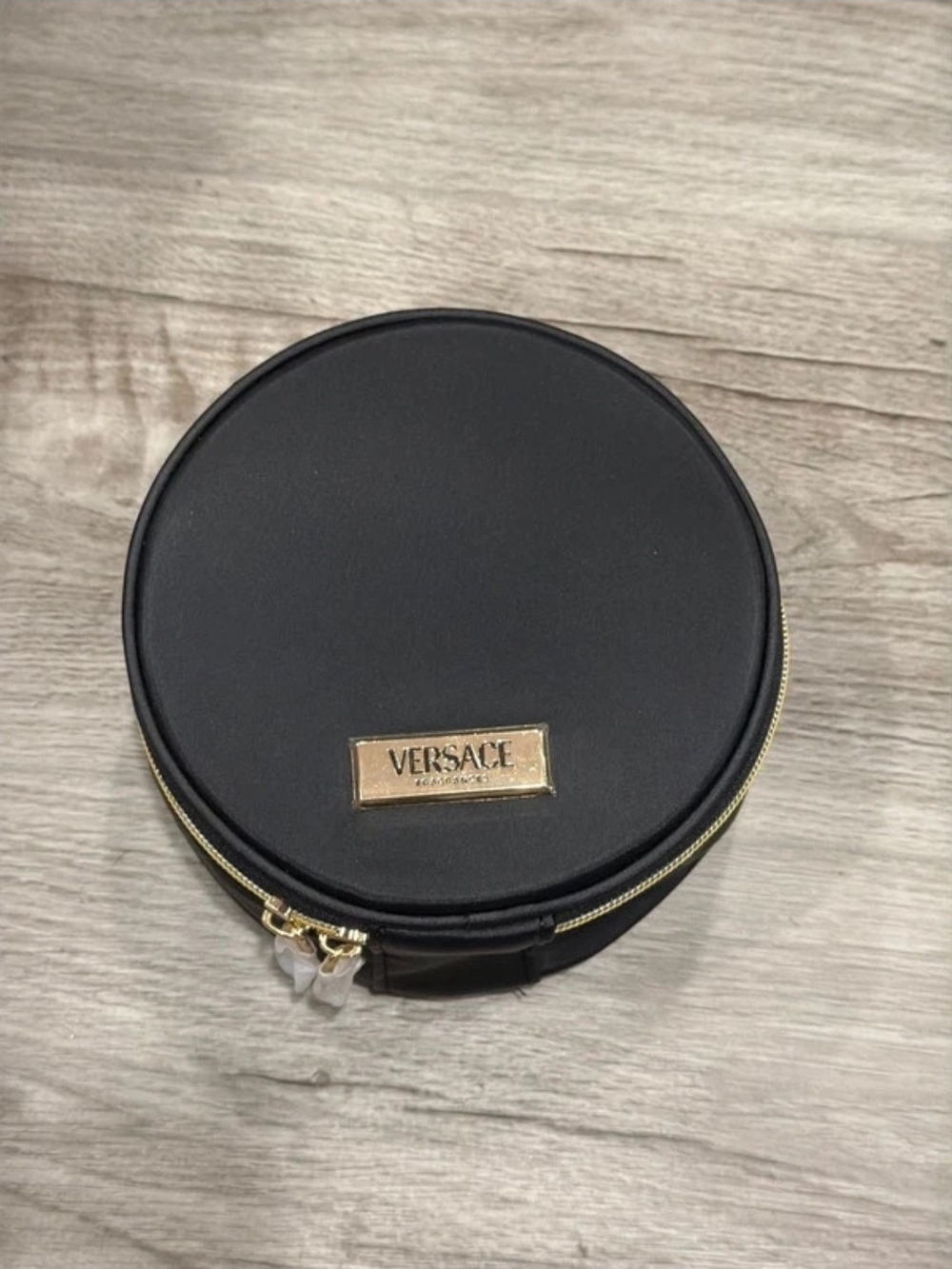 Versace Black Round Cosmetic Case with Gold Hardware